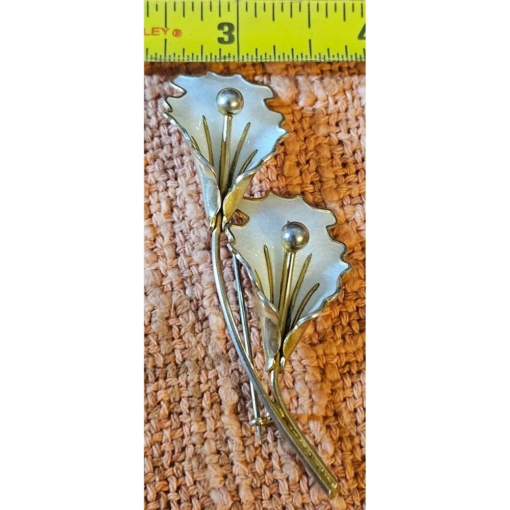 Aksel Holmsen Norway Sterling Mid-Century Vermeil Enamel Double Orchid Brooch